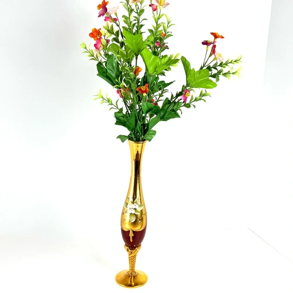 VTG Murano Venetian Ruby Glass & 24K Gold Paint 11โ Hand Painted Floral Bud Vase - Picture 15 of 16